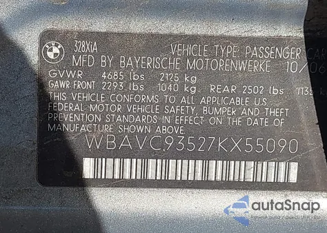 2007 BMW 328Xi из США, поврежденный, VIN WBAVC93527KX55090